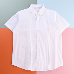 女童衬衫夏装短袖纯棉纯白色带蕾丝衬衣白色领高中小学生校服班服