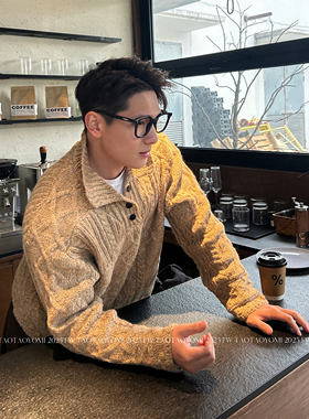 TTYM秋冬新款男装潮牌复古慵懒风翻领针织衫麻花纹理百搭时尚毛衣