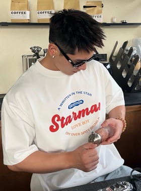 TTYM*夏季STARMAN印花宽松纯棉短袖T恤百搭潮流字母男女情侣落肩