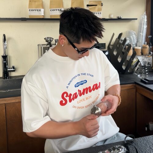 TTYM*夏季STARMAN印花宽松纯棉短袖T恤百搭潮流字母男女情侣落肩