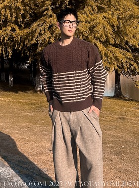 TTYM*美式老钱圆领套头毛衣男女秋季新款宽松休闲百搭针织衫上衣