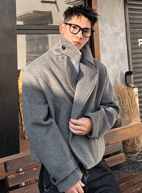 TTYM*秋冬韩系大衣外套男简约纯色街头上衣翻领百搭秋季短款休闲