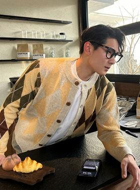 TTYM*撞色几何图案秋冬高级感毛衣开衫男宽松休闲针织衫