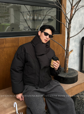 TTYM*日系纯色可脱卸围巾领子棉服男冬季保暖防水棉衣厚外套