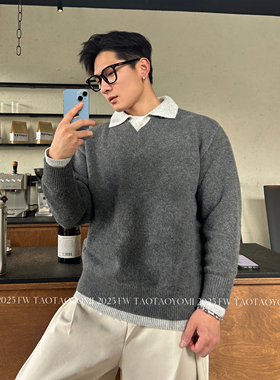 TTYM假两件翻领羊毛加厚毛衣男生2025新款秋冬季韩系保暖针织衫