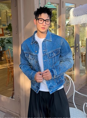 TTYM*秋季复古短款牛仔外套男翻领休韩系夹克男女休闲百搭痞帅潮