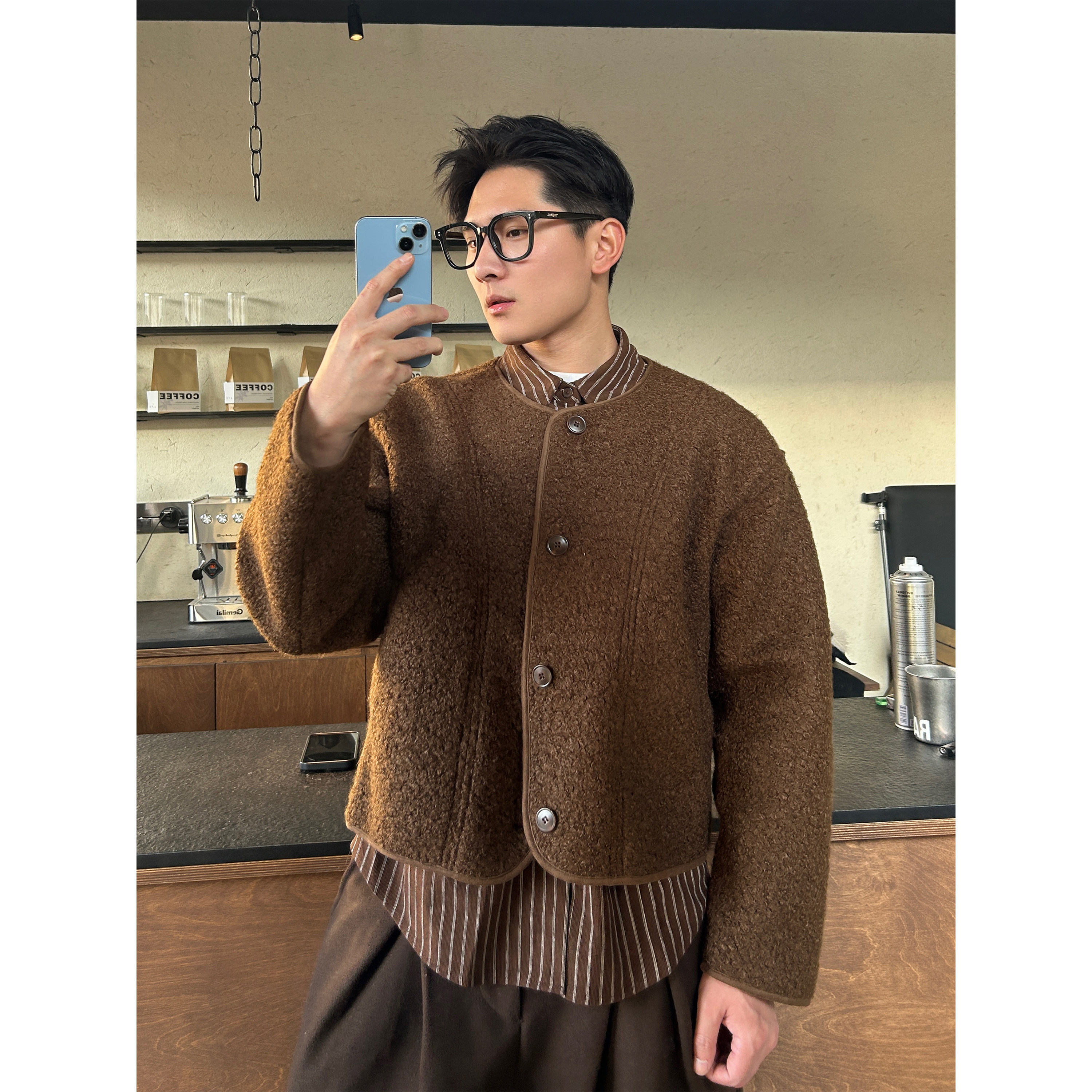 TTYM假两件毛呢衬衫外套男女加厚羊羔毛复古拼接撞色男士夹克外套,男装,夹克,淘宝优惠券,粉丝福利购,淘宝优惠卷