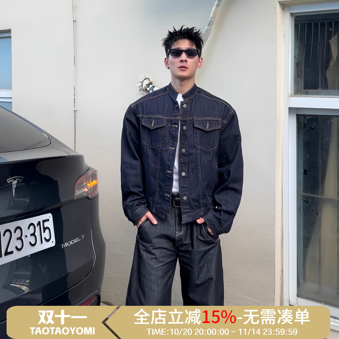 TTYM*秋季复古短款牛仔外套男翻领休韩系夹克男女休闲百搭痞帅