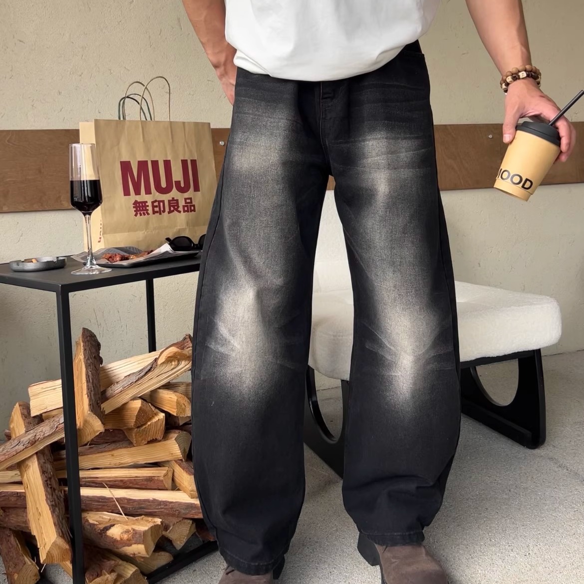 TTYM*夏季美式复古风弯刀裤男设计感阔腿宽松百搭牛仔长裤纯棉