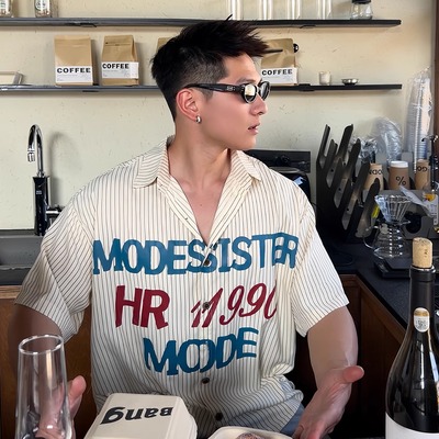 TTYM*复古字母印花条纹领带短袖衬衫男夏季宽松休闲百搭情侣衬衣