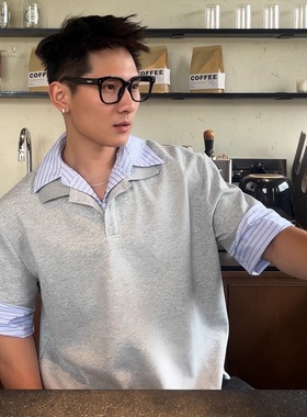 TTYM*韩版老钱风假两件拼接短袖男女宽松情侣潮流衬衣休闲POLO衫