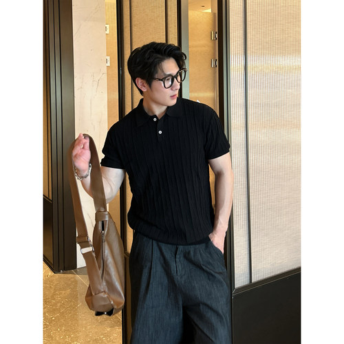 TTYM「编织条纹纹理」莱赛尔老钱风亨利领针织Polo衫短袖t恤男女