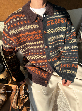 TTYM秋冬高级复古慵懒费尔岛撞色翻领针织衫开衫男毛衣外套加厚