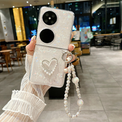 适用华为pocket2手机壳新款p50折叠屏pockets贝壳纹poket宝盒p0cket爱心水钻pock小清新packet2手提链条pocke