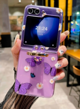 适用三星zflip5折叠屏w24flip手机壳galaxyzflip5紫色蝴蝶zfilp5外壳z5filp透明卡通zlip指环支架zplip少女款