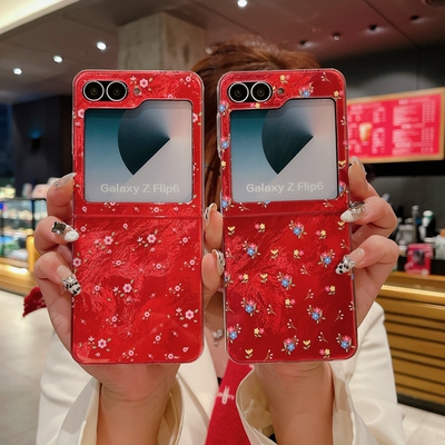 适用z三星zflip6手机壳zlip5新款zfilp五代折叠屏w25filp红色小碎花GalaxyW24Flip秋冬可爱galaxyzflip保护套