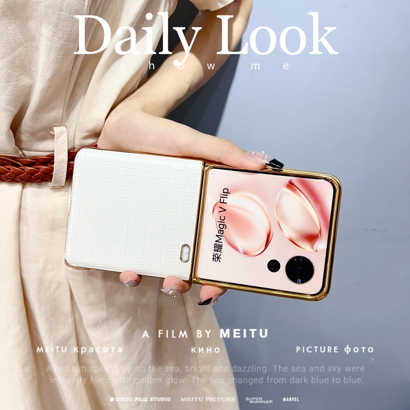 适用华为荣耀magic v flip手机壳vflip小折叠屏magicvflip白色鳄鱼纹magivflip电镀皮革vfilp保护套honor新客