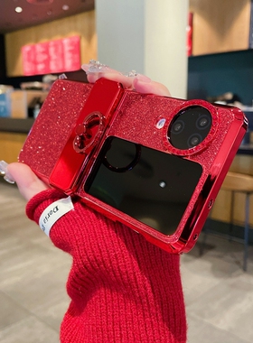 适用oppofindn3flip手机壳findn3filp红色电镀闪粉n3小折叠屏保护套find中轴全包oppo带指环oppoFind外壳女款