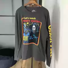 Men's Long-Sleeve T-Shirt with a Ghost Face Design, Inspired by the Horror Movie Scream, Halloween Cartoon