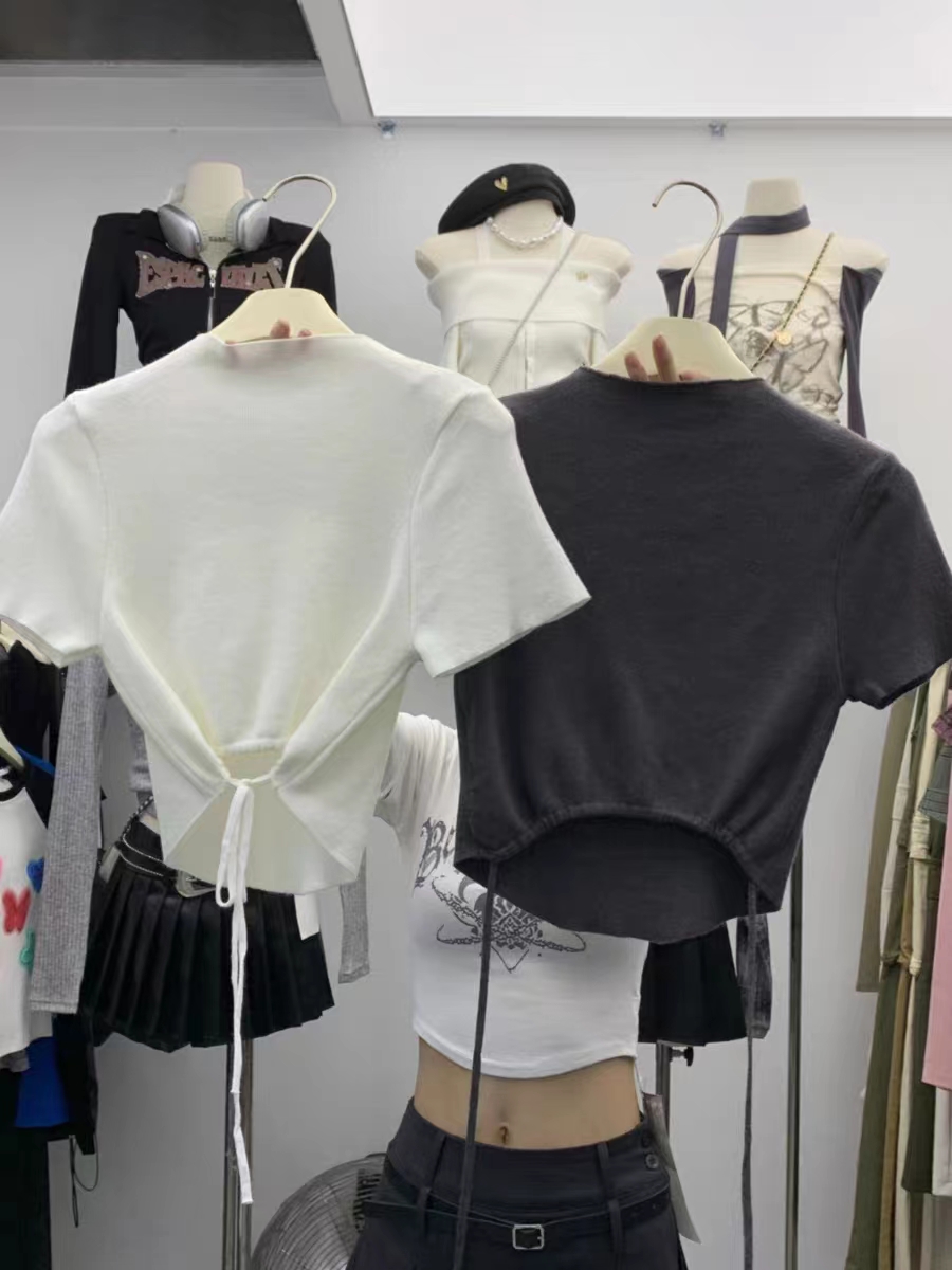 2023秋季新款纯欲立领短袖T恤女设计感镂空系带显瘦针织打底上衣