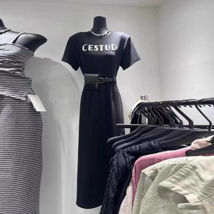 十三行2025夏季新款设计感字母圆领正肩短袖T恤裙垂感直筒连衣裙