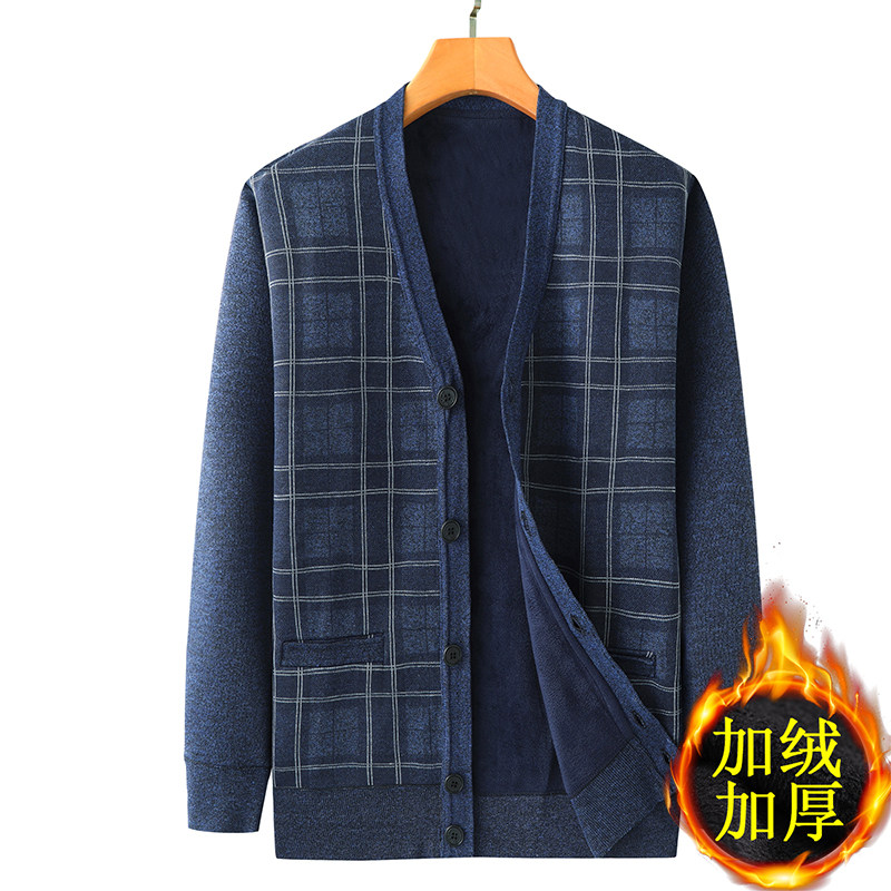 秋冬装中老年人男士V领毛衣爸爸加绒加厚保暖开衫爷爷针织外套