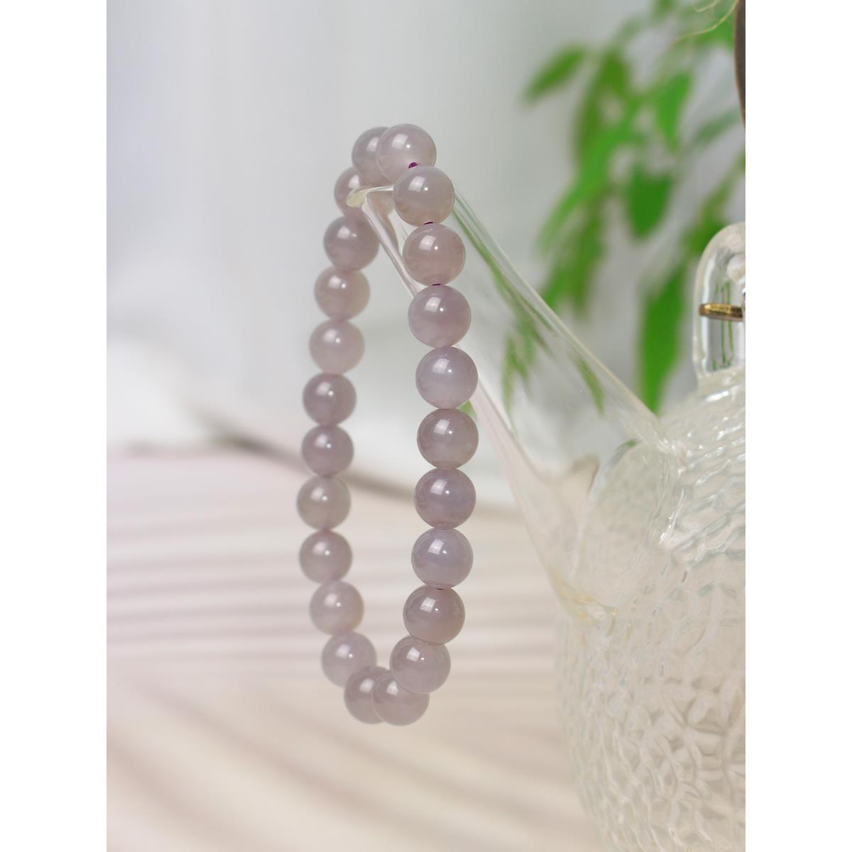 2026天然高品质冰底和田玉烟灰烟紫卡8圆珠手串女款玉石单圈手饰