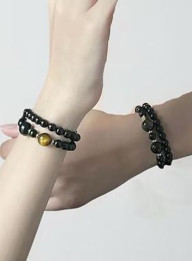 2026风禾珠宝双圈黑曜石手串轻奢高级感虎眼石七夕情人节礼物手饰