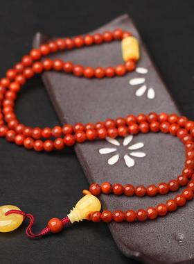 2026碧雅珠宝天然南红玛瑙108子多圈手串6mm搭配蜜蜡桶珠平安扣手