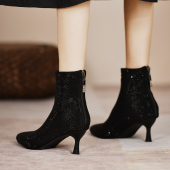 时装 法式 水钻细跟冬天高跟鞋 短靴女2025年新款 尖头亮片及裸靴 秋季