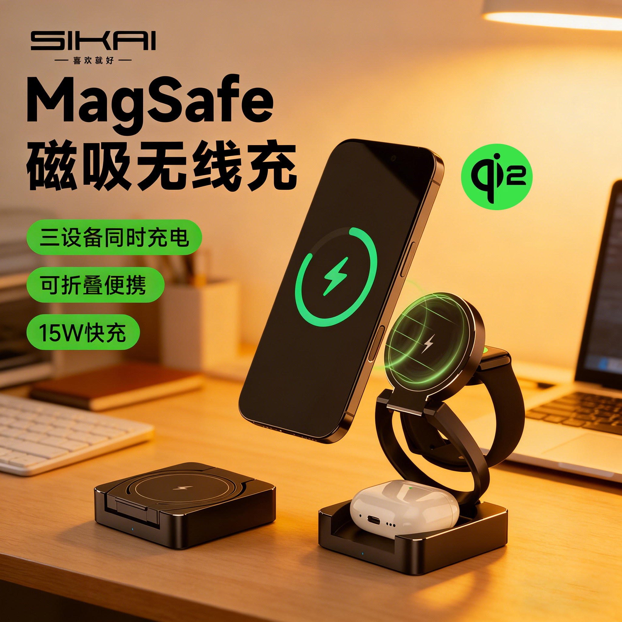 三合一Qi2磁吸无线充电器可折叠兼容MagSafe快充15w适用iPhone17pro/16苹果手机手表applewatch耳机充电金属
