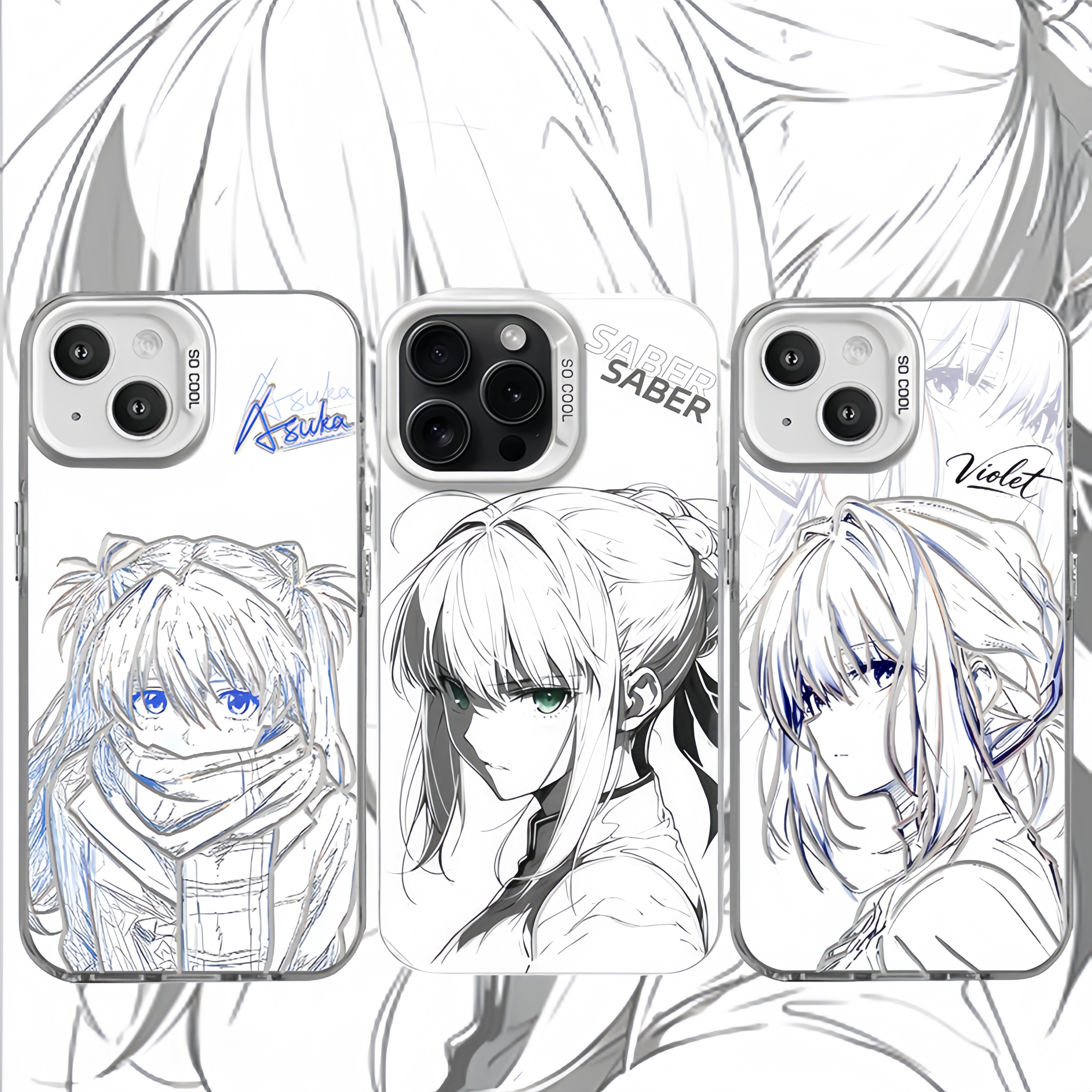 二次元手机壳线稿saber薇尔莉特山田凉亚丝娜适用iphone17苹果16彩银壳小米15红米k80为m70iQOO12一加13周边