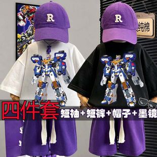 炫卡斗士新款衣服夏季男女童儿童短袖T恤圆领帅气宽松套装四件套