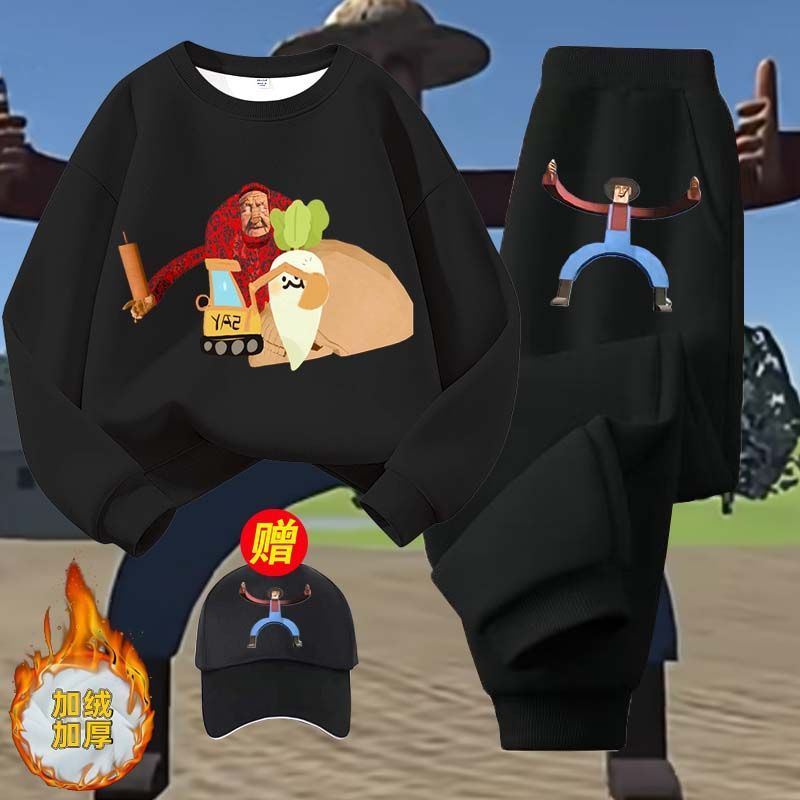 2025冬季爆款热梗约翰的农场挖掘机里腌萝卜圆领卫衣印花加绒套装
