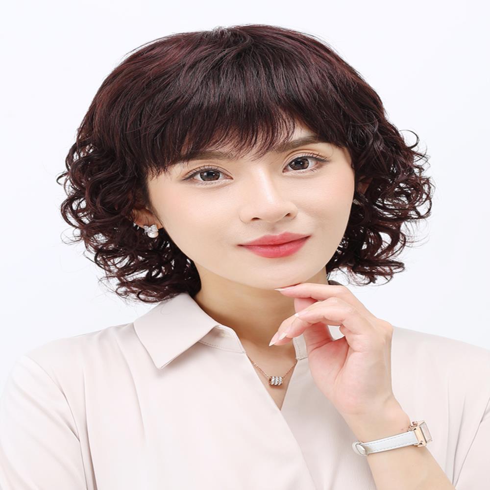 假发女短发真人发丝真发头套全真自然送妈妈发套中老年中短发发型