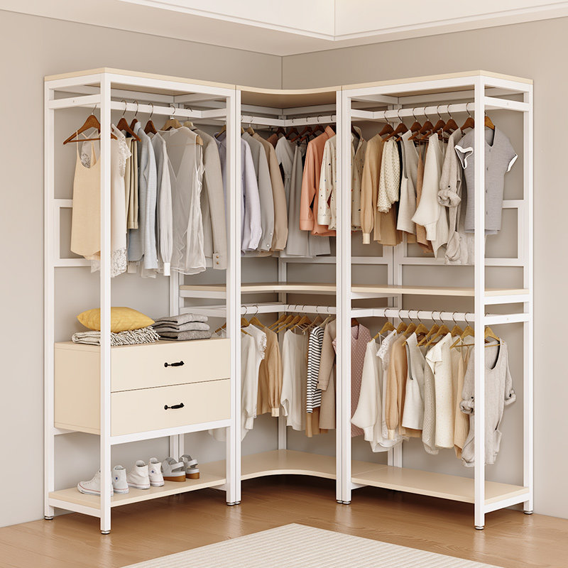开放式转角组合落地挂衣架奶油风