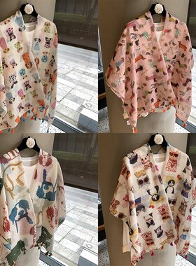 卡通百搭图案印花棉麻围巾女小众设计春夏防晒波暖时尚围巾披肩