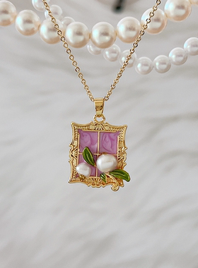 珍珠项链吊牌油画浮雕复古相框莫奈花园油画系列吊坠配件
