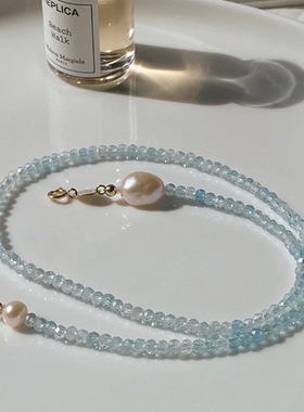 925银蓝色颈链珍珠项链女海蓝宝项链气质优雅百搭个性春夏锁骨链