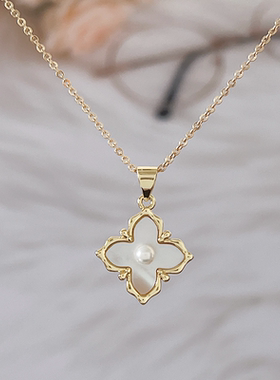 4mm珍珠镶嵌白贝四叶草吊坠配件可拆卸万能扣吊坠配件