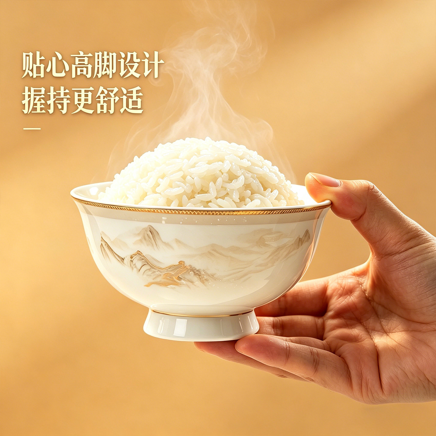 兆瓷中式山水高脚隔热微波饭碗