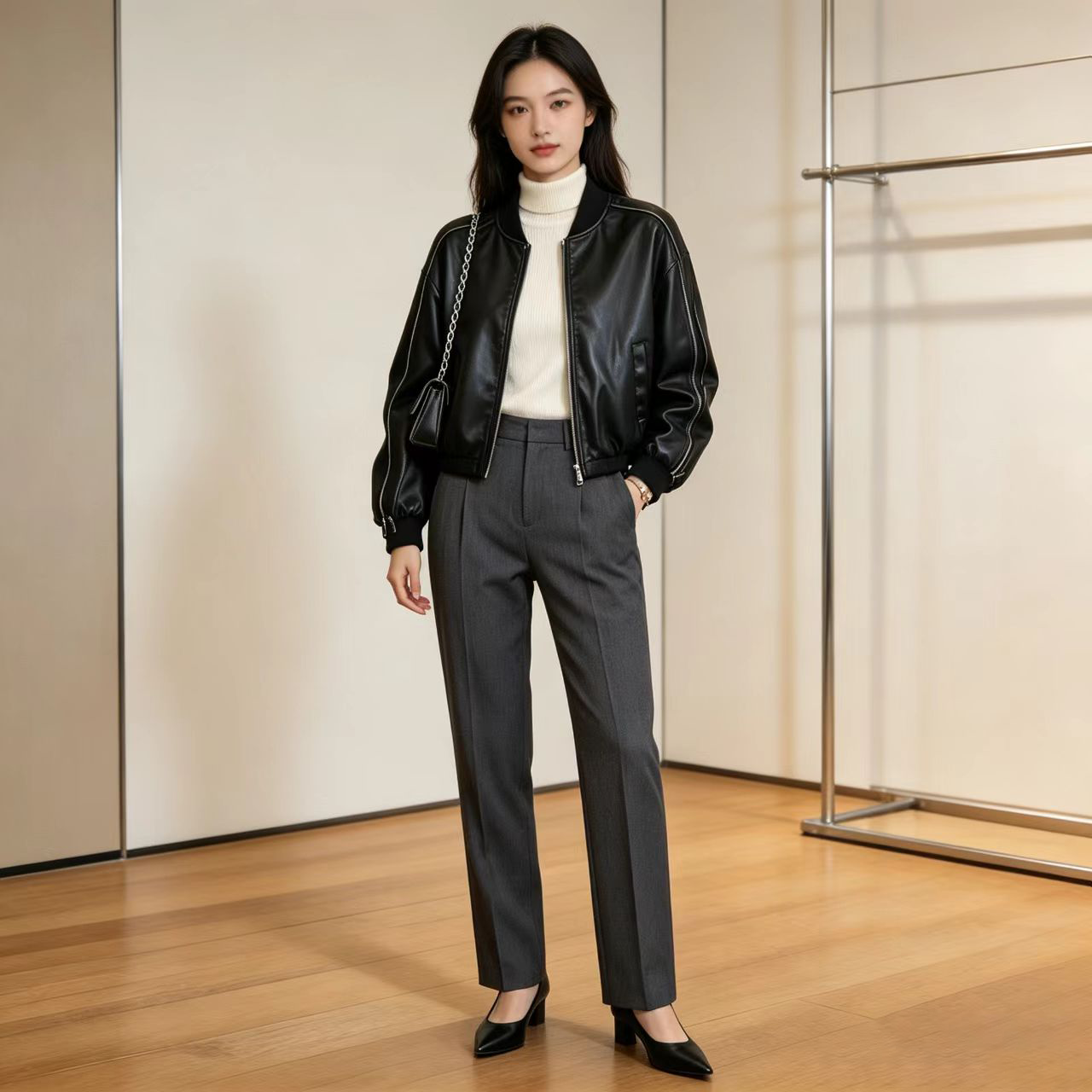 2026早秋短款机车皮衣女宽松落肩立领拉链小个子显瘦pu皮夹克外套
