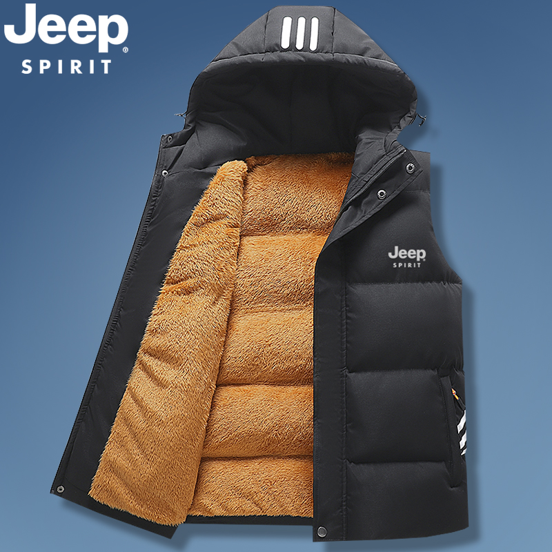 JEEP吉普羊羔绒马甲男黑色2022秋冬连帽大码外穿休闲运动加厚外套