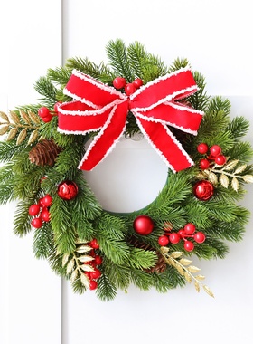 前门圣诞花环圣诞节橱窗装饰亚马逊红色蝴蝶结圣诞花环圣诞树装饰