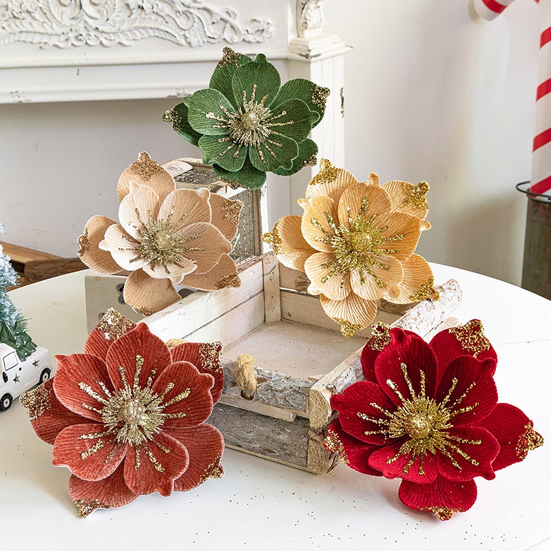 跨境圣诞装饰20cm天鹅绒布圣诞花装饰玉兰花布艺粘粉亮片圣诞树插