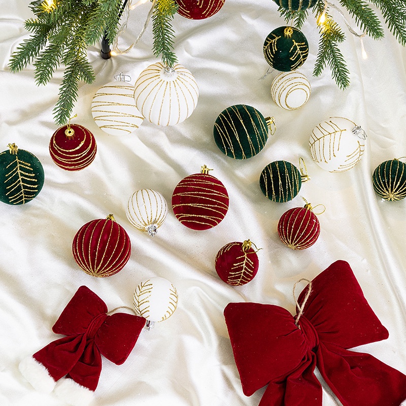 跨境植绒圣诞球酒红色绒布蝴蝶结圣诞装饰挂件8CM彩绘圣诞树吊球