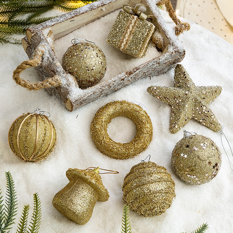 跨境 圣诞球装饰香槟色泡沫球高质感异形球圣诞树装饰品吊球挂件