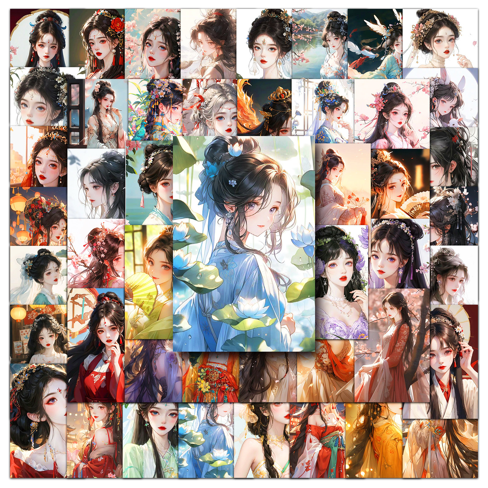 50张唯美中国风古典美女贴画防水女仙侠diy素材装饰国潮古风贴纸