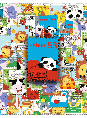 100张原创邮票创意贴纸可爱小熊猫纪念邮戳防水装饰咕卡贴纸