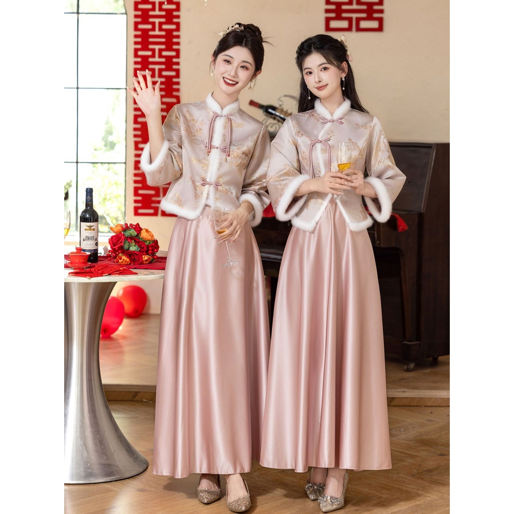 中式伴娘2025新款长袖伴娘服高级感婚礼礼服保暖姐妹冬季秋冬加厚